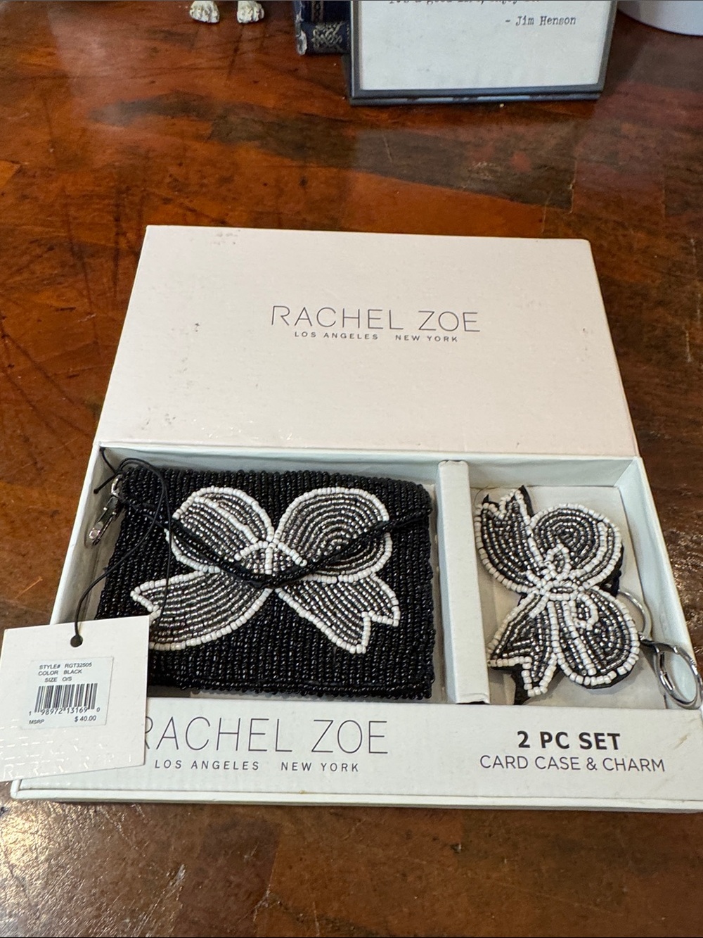 Rachel Zoe Black & White Beaded Card Case with Matching Charm